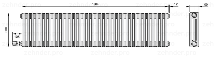Схема (чертеж) Радиатор Zehnder Charleston 3060/34 №V003 Белый глянцевый RAL 9016